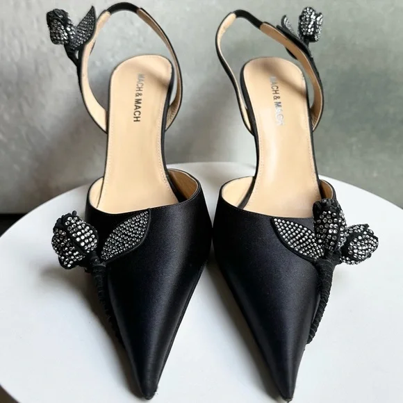 🌺MACH & MACH🌺 Wonder Tulip Satin Slingback Pumps Black Size: 38 - Picture 10 of 14